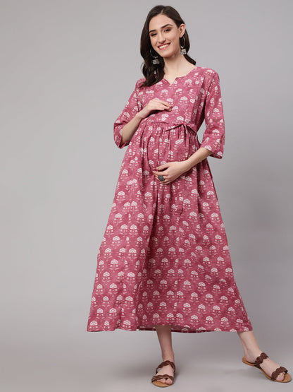 Pink Floral Printed Flared Maternity Dress
