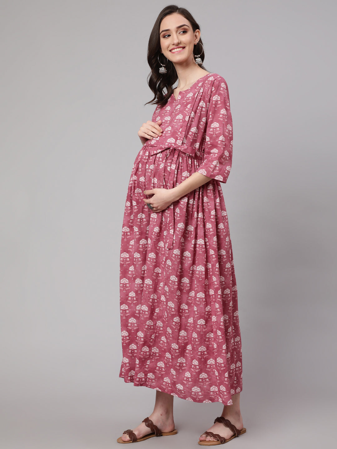 Pink Floral Printed Flared Maternity Dress