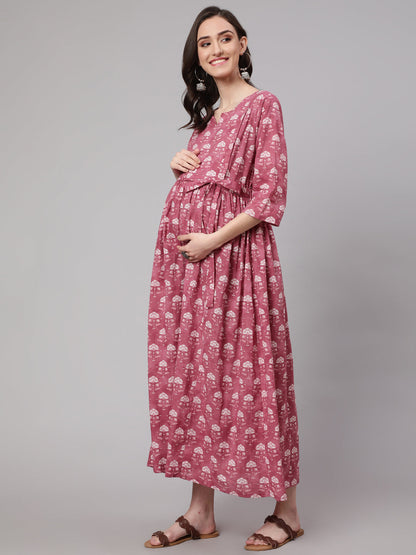 Pink Floral Printed Flared Maternity Dress