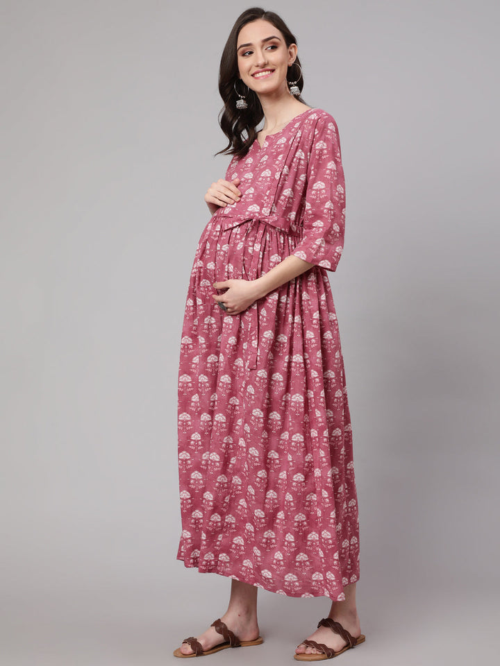Pink Floral Printed Flared Maternity Dress