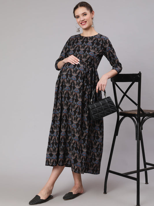 Black Floral Printed Flared Maternity Dress