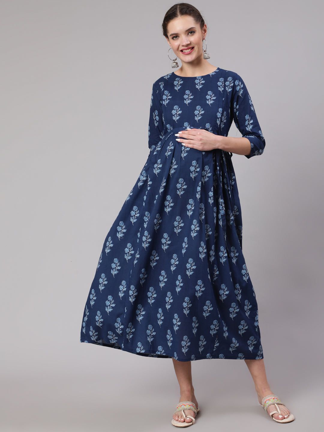 Blue Floral Printed Flared Maternity Dress