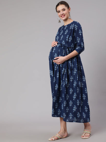 Blue Floral Printed Flared Maternity Dress