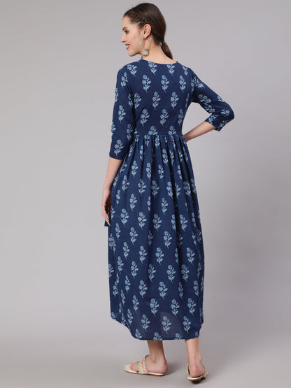 Blue Floral Printed Flared Maternity Dress