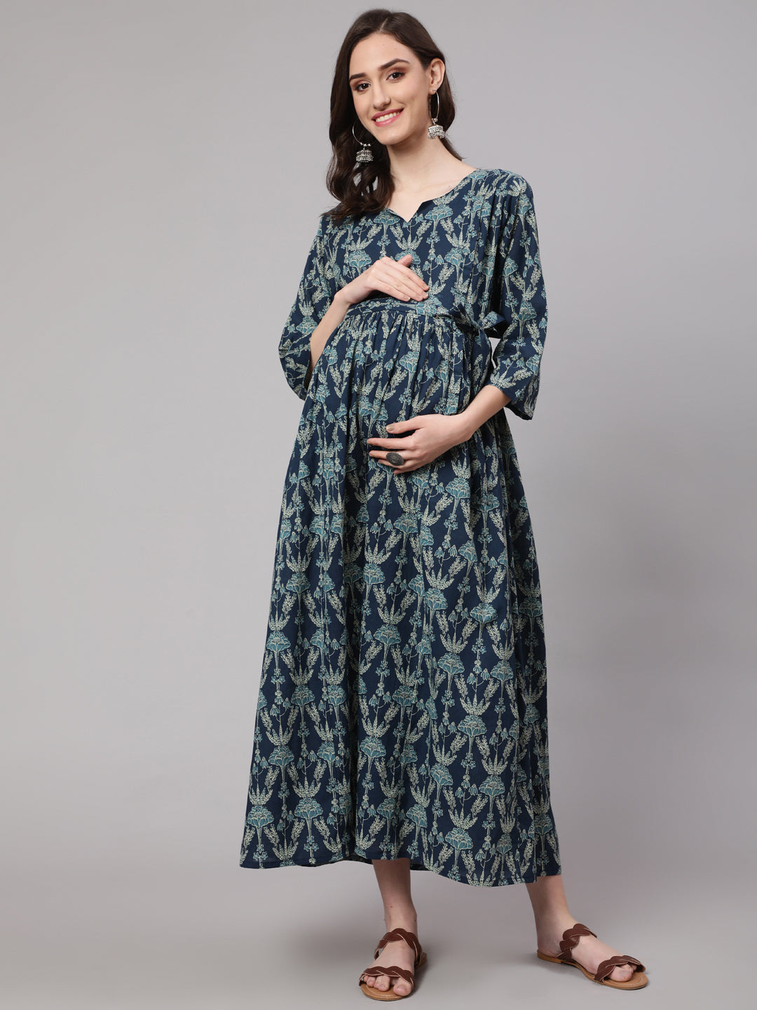 Blue Printed Flared Maternity Dress