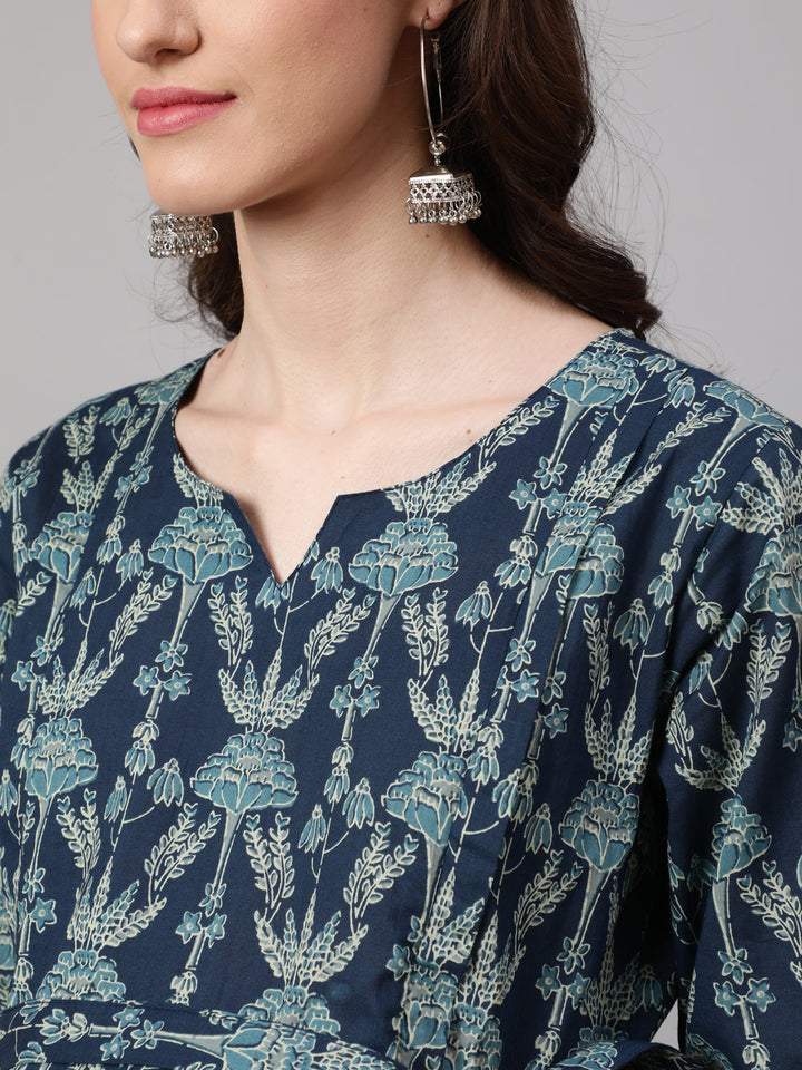 Blue Printed Flared Maternity Dress