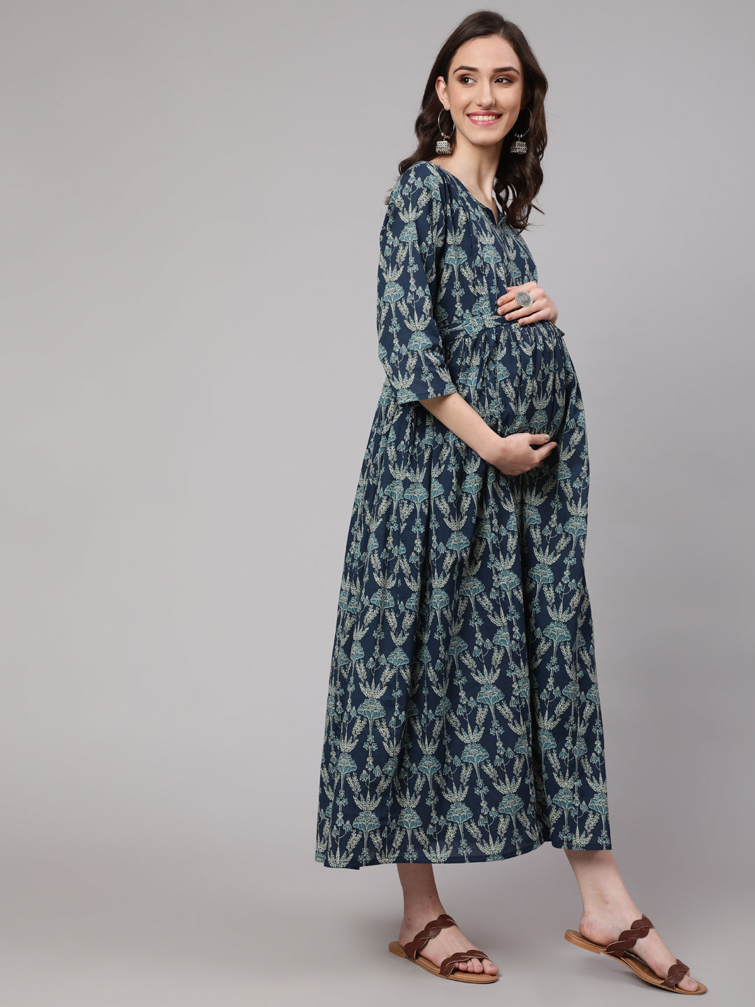 Blue Printed Flared Maternity Dress