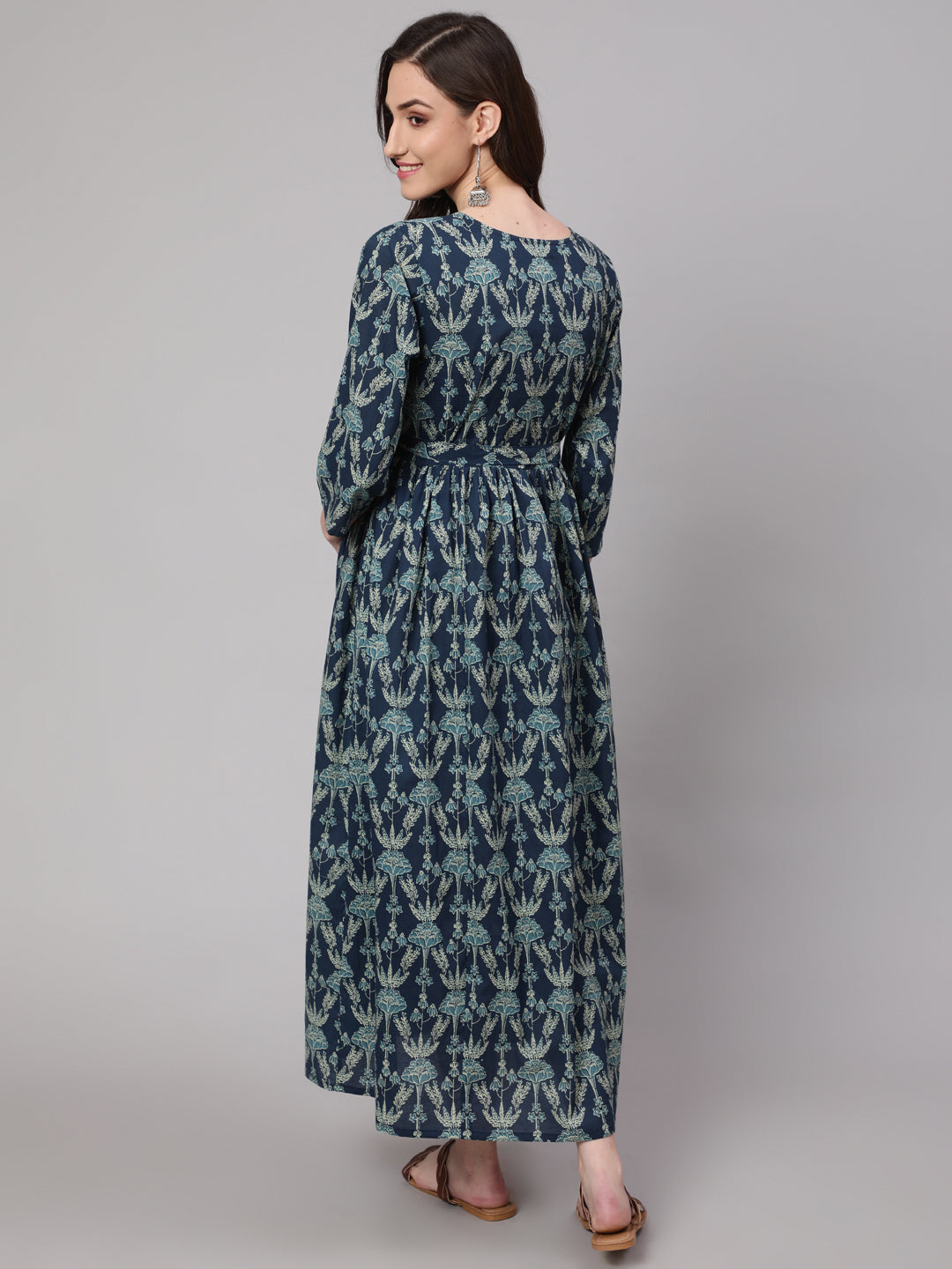 Blue Printed Flared Maternity Dress