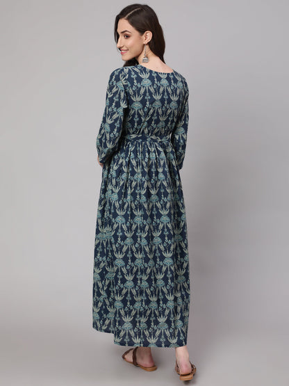 Blue Printed Flared Maternity Dress