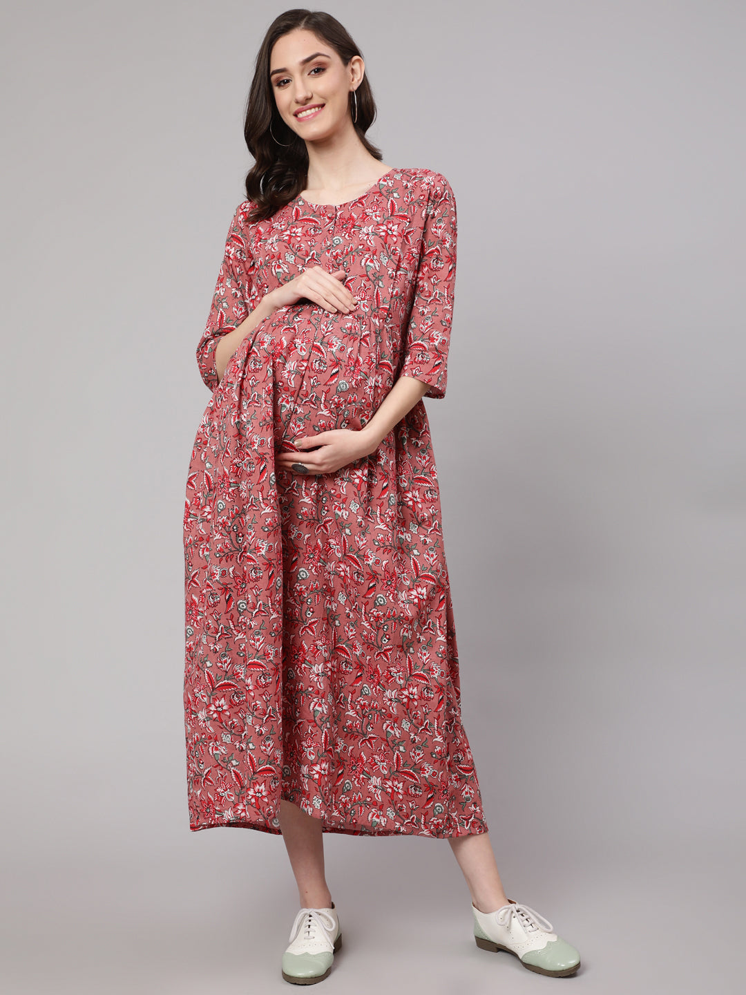 Mauve Floral Printed Flared Maternity Dress