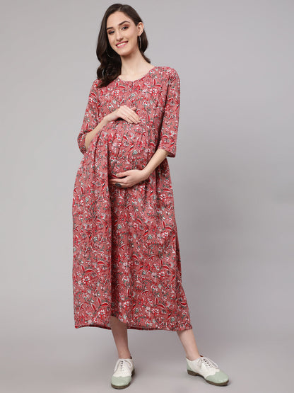 Mauve Floral Printed Flared Maternity Dress