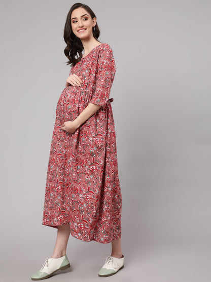 Mauve Floral Printed Flared Maternity Dress