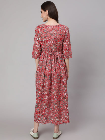 Mauve Floral Printed Flared Maternity Dress