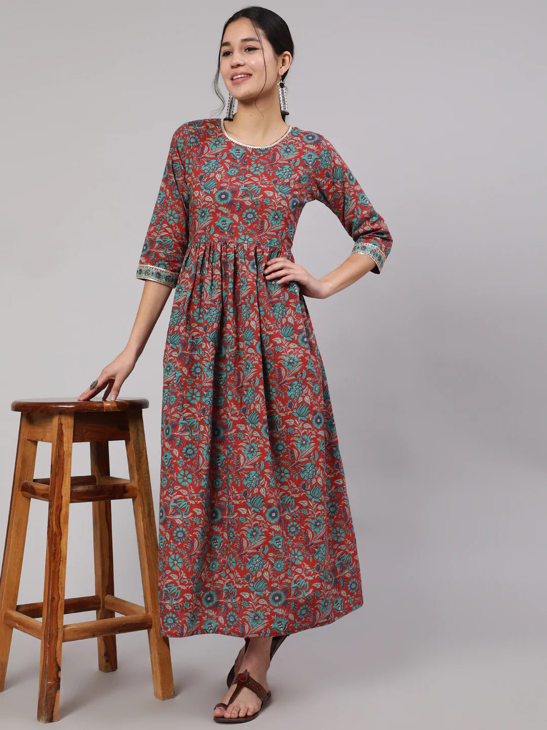 Multi Printed Flared Dress With Three quarter Sleeves