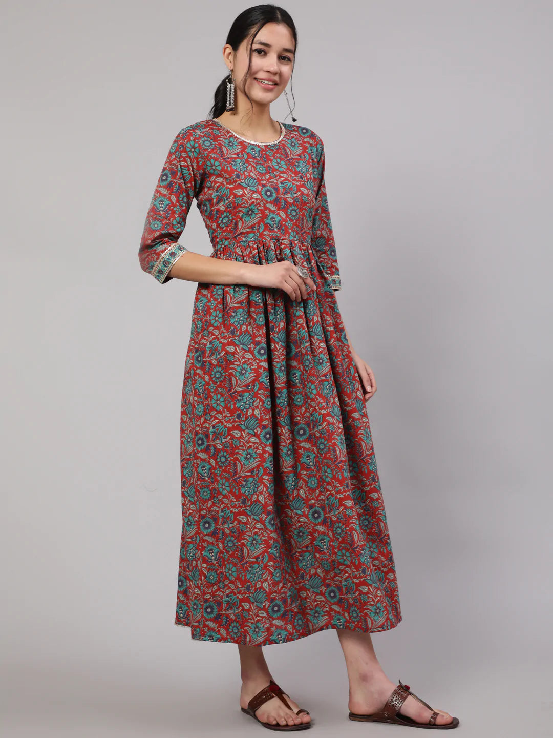 Multi Printed Flared Dress With Three quarter Sleeves