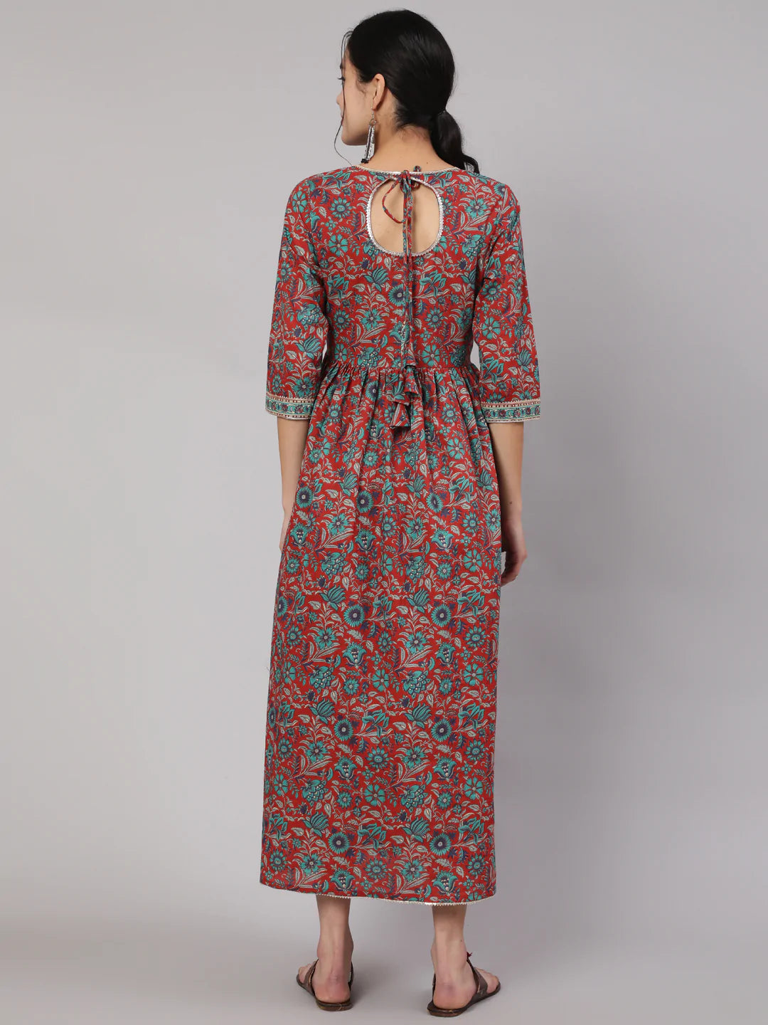 Multi Printed Flared Dress With Three quarter Sleeves
