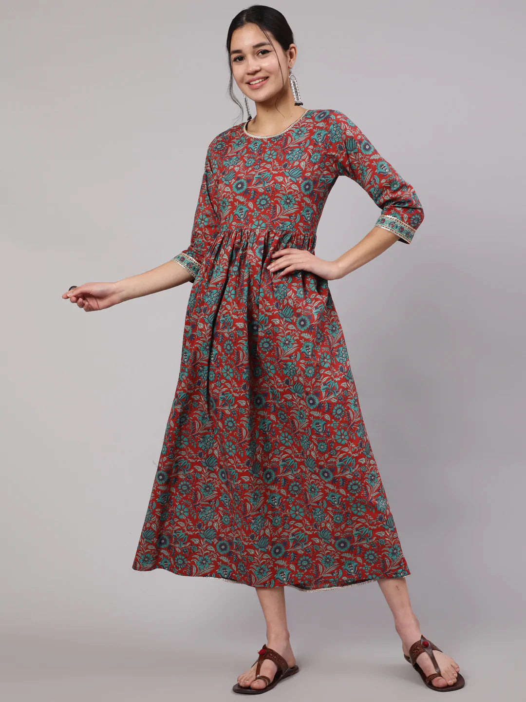 Multi Printed Flared Dress With Three quarter Sleeves