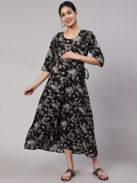 Black Floral Printed Flared Maternity Dress