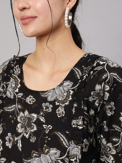 Black Floral Printed Flared Maternity Dress