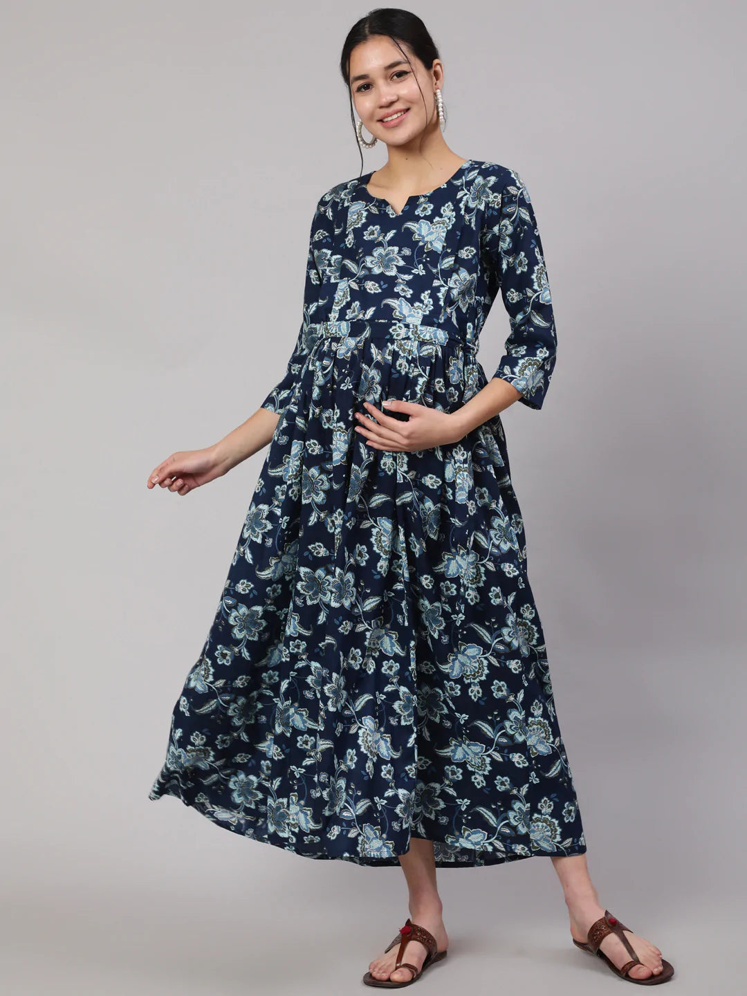Blue Floral Printed Flared Maternity Dress