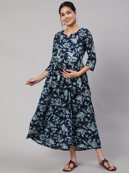 Blue Floral Printed Flared Maternity Dress