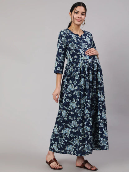 Blue Floral Printed Flared Maternity Dress