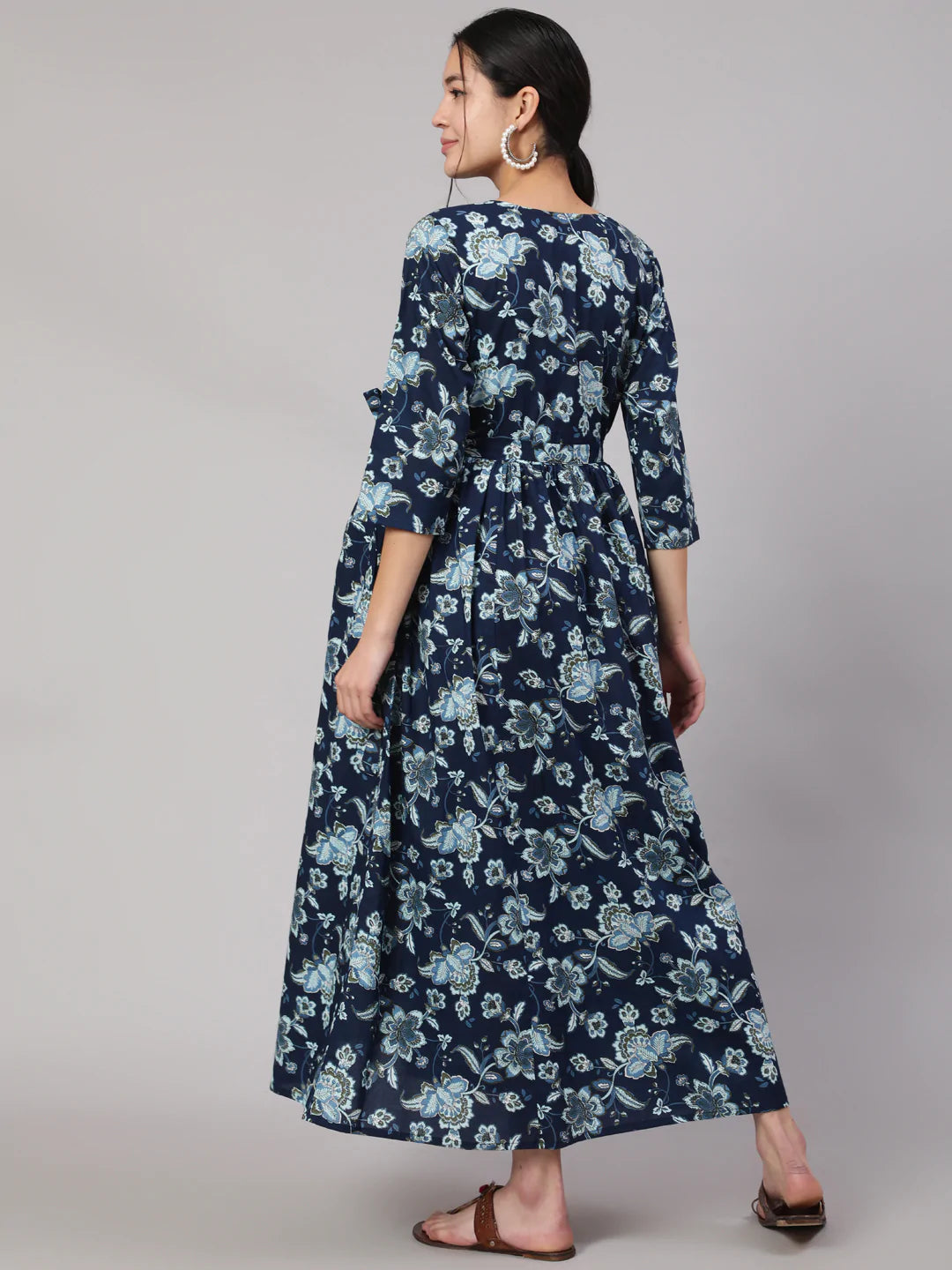 Blue Floral Printed Flared Maternity Dress