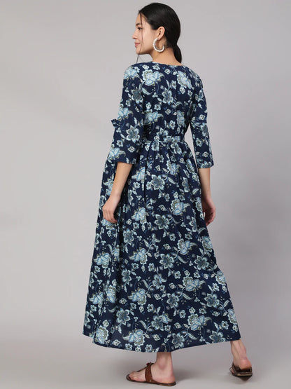Blue Floral Printed Flared Maternity Dress