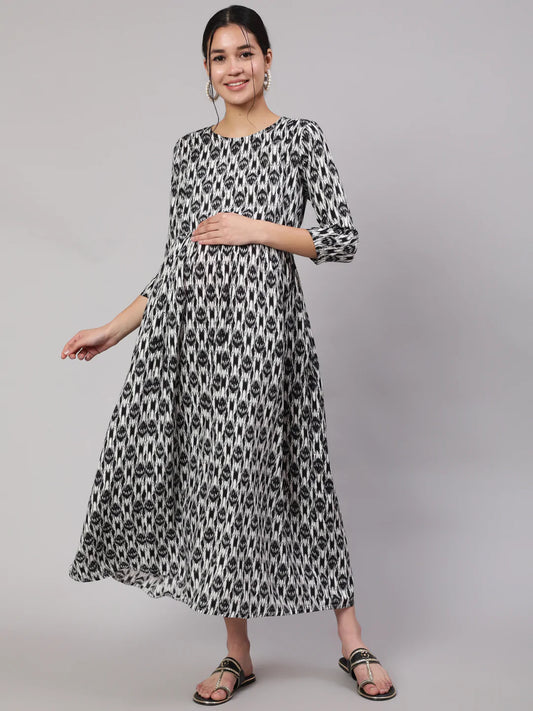 Black Geometric Printed Flared Maternity Dress