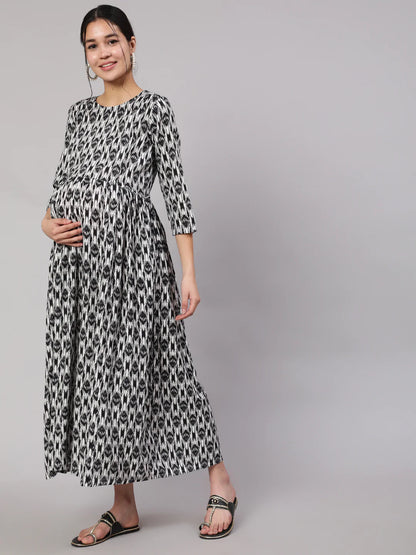 Black Geometric Printed Flared Maternity Dress