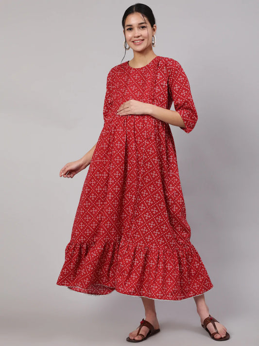 Maroon Printed Flared Maternity Dress