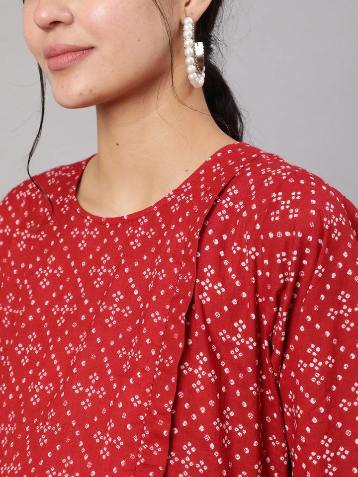 Maroon Printed Flared Maternity Dress