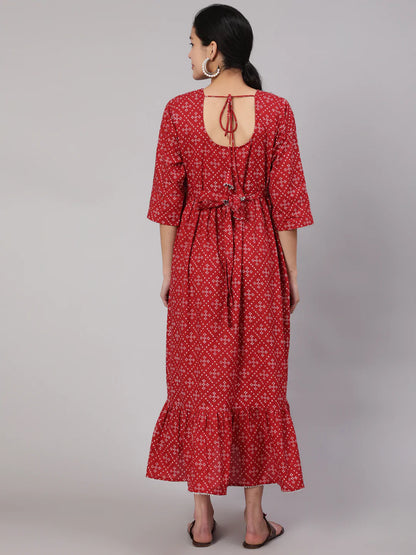 Maroon Printed Flared Maternity Dress