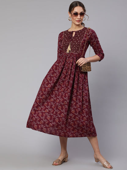 Burgundy Printed Flared Dress With Three Quarter Sleeves