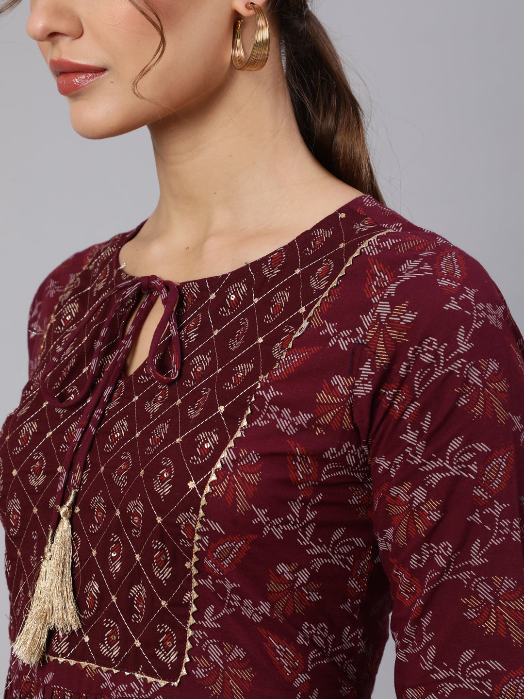 Burgundy Printed Flared Dress With Three Quarter Sleeves