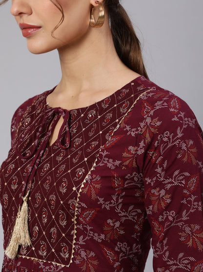 Burgundy Printed Flared Dress With Three Quarter Sleeves