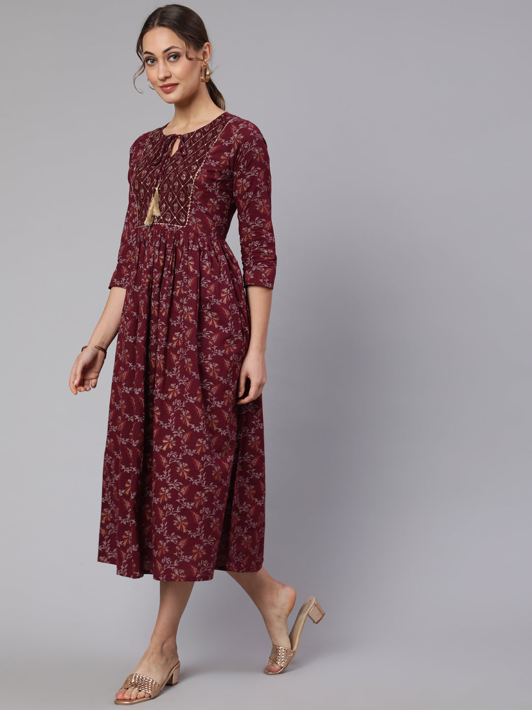 Burgundy Printed Flared Dress With Three Quarter Sleeves