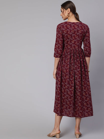 Burgundy Printed Flared Dress With Three Quarter Sleeves