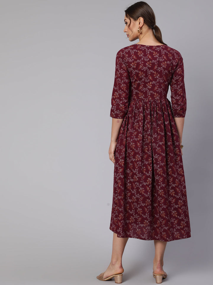 Burgundy Printed Flared Dress With Three Quarter Sleeves