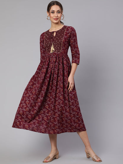Burgundy Printed Flared Dress With Three Quarter Sleeves