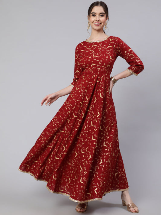 Maroon Printed Flared Dress With Three Quarter Sleeves