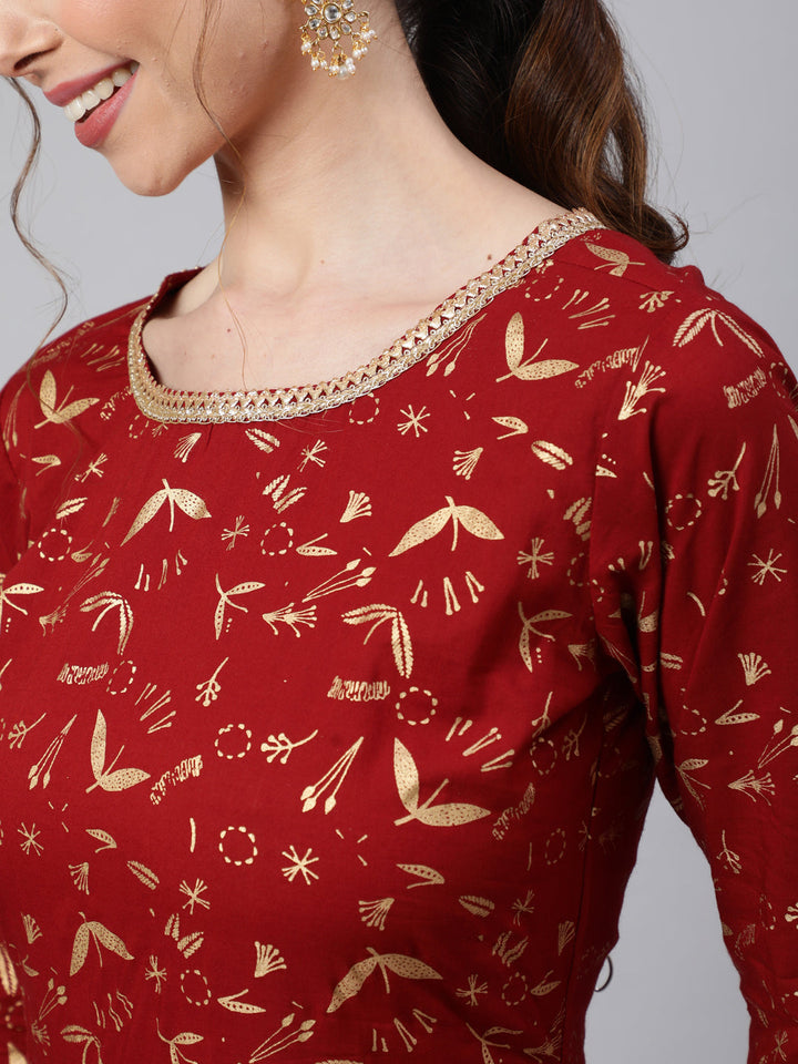 Maroon Printed Flared Dress With Three Quarter Sleeves