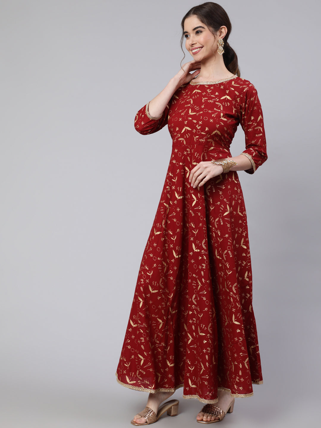 Maroon Printed Flared Dress With Three Quarter Sleeves