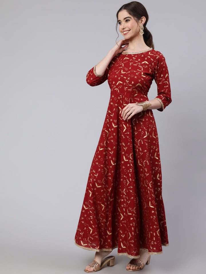 Maroon Printed Flared Dress With Three Quarter Sleeves