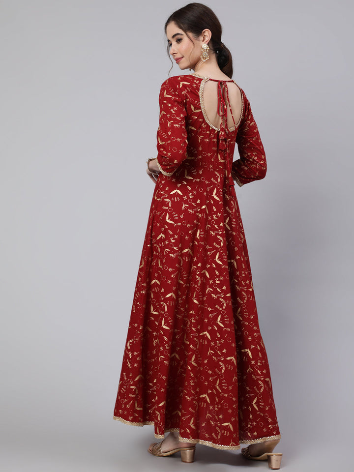 Maroon Printed Flared Dress With Three Quarter Sleeves
