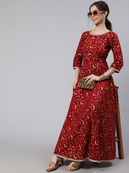 Maroon Printed Flared Dress With Three Quarter Sleeves