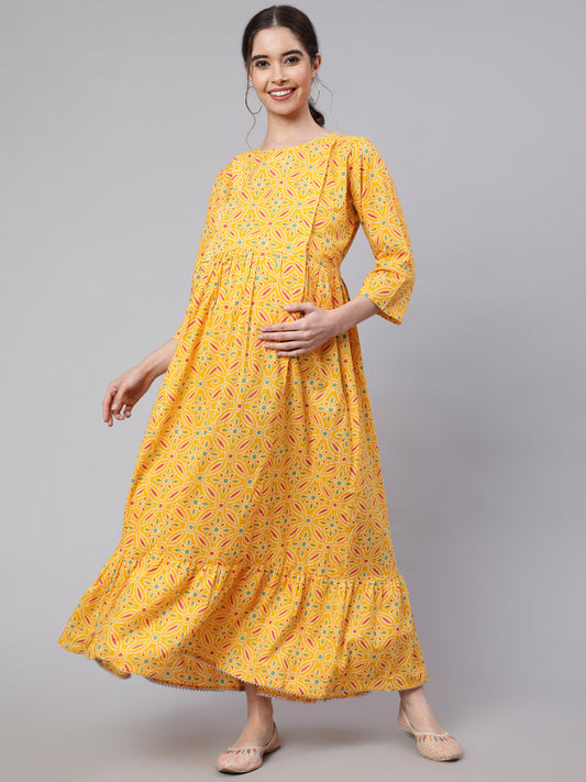 Yellow Ethnic Printed Flared Maternity Dress