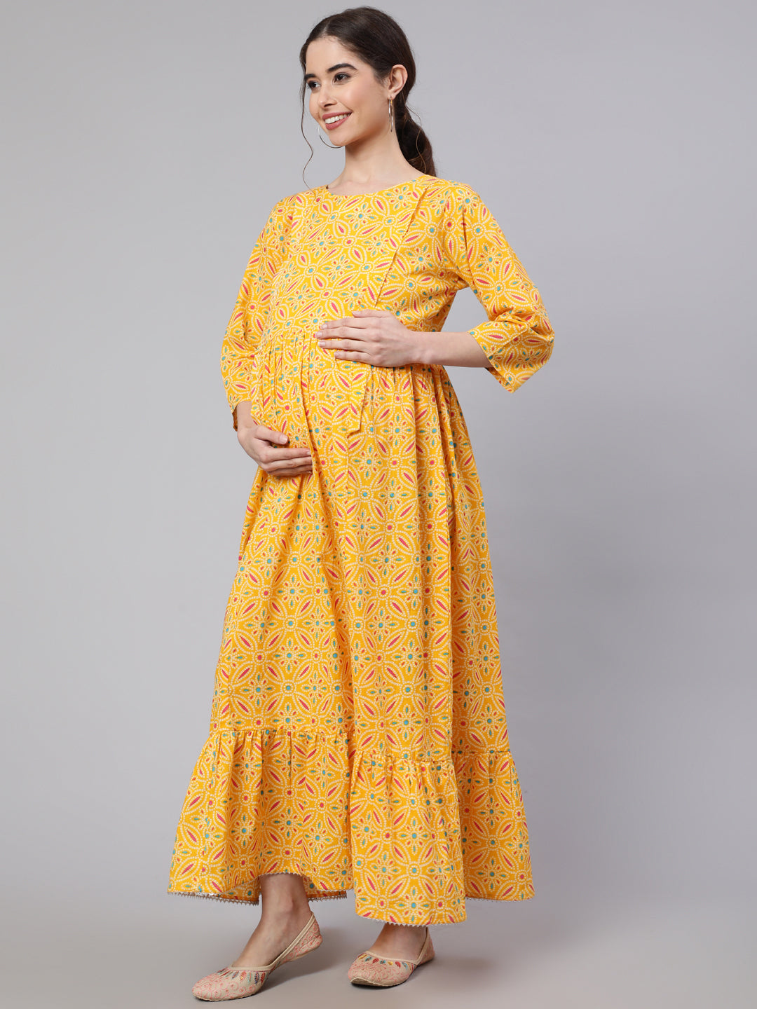 Yellow Ethnic Printed Flared Maternity Dress