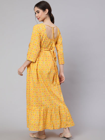 Yellow Ethnic Printed Flared Maternity Dress