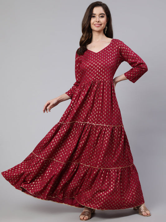 Burgundy Printed Flared Dress With Three Quarter Sleeves